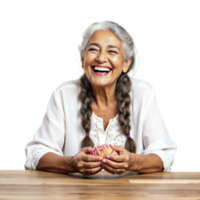 A woman with braids sitting at a table with a smile png