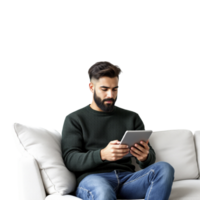 A man sitting on a couch with a tablet computer png