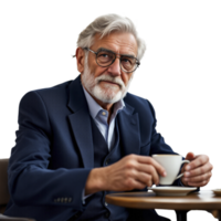 An older man with glasses and a beard sitting at a table with a cup of coffee png