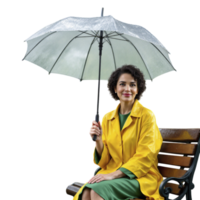 A woman in a yellow raincoat is sitting on a bench png