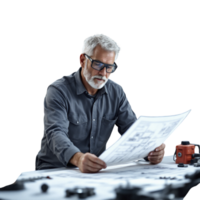 An older man is sitting at a table with a blueprint png