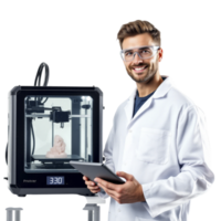 A man in lab coat holding a tablet computer next to a 3d printer png