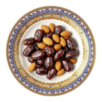 A plate with dates and almonds on it png