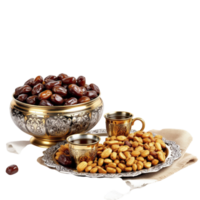Dates and nuts in a silver bowl and a silver tray png