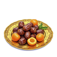 A gold plate with dates and oranges on it png