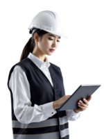 Asian female engineer using tablet computer png