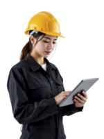 Asian woman in hard hat using tablet computer png