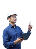 Asian engineer holding tablet computer and pointing at something png