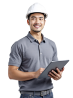 A man in a hard hat holding a tablet computer png