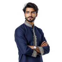 A man in a blue kurta with embroidered details png