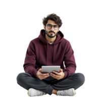 A man in a hoodie and glasses sits on the floor with a tablet png