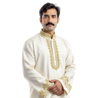 A man in a white and gold kurta png