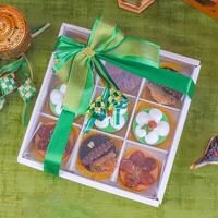 Ramadan and EID Mubarak Food Hampers With Ornaments Background photo