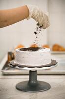 Man Spreading Oreo Crumb to the Top of Milles Crepes Cakes photo