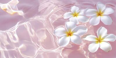 White flowers floating in water with pink background photo