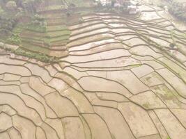 Rice fields patch in the countryside, a view from a drone. Natural scenery of rice fields in a valley that has not been planted. Aerial Landscapes. Agriculture Industry. Negative Space photo