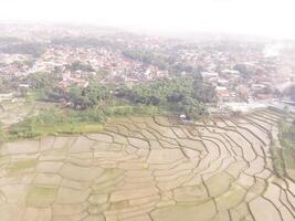 Rice fields patch in the countryside, a view from a drone. Natural scenery of rice fields in a valley that has not been planted. Aerial Landscapes. Agriculture Industry. photo
