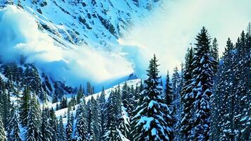 Snow avalanche moving down mountain slop with huge splashes of snow and causing destruction and death. photo