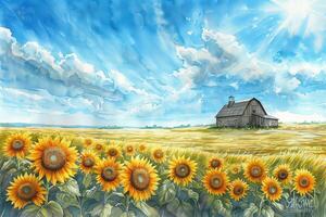 A painting of sunflowers and a barn photo
