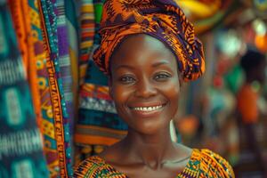 A smiling woman in an african dress photo