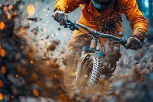 A man riding a mountain bike through mud photo