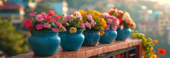 A row of blue vases with flowers on a balcony photo