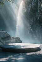 A stone bench in front of a waterfall photo