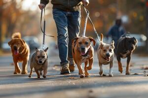 A man walking with several dogs on a street photo