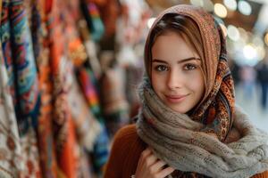 A woman wearing a scarf in a market photo