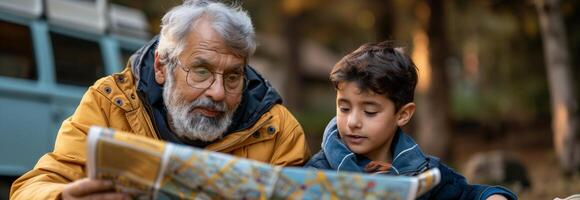 An older man and a young boy looking at a map photo