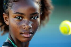 A young girl with a tennis racket photo