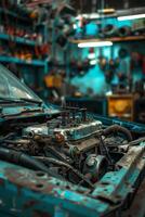 A rusty car engine in a garage photo