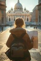 A woman with a backpack is looking at a map photo