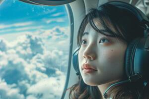 A woman wearing headphones and looking out the window photo