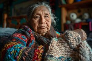 An elderly woman is sitting in a chair with a blanket photo