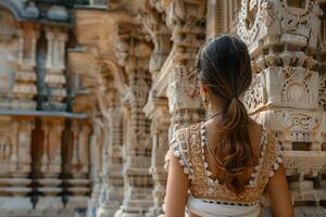 A woman in an indian sari looking at the architecture photo