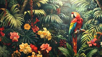 A painting of a parrot and flowers in the jungle photo