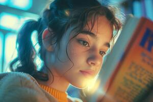 A girl reading a book in a library photo