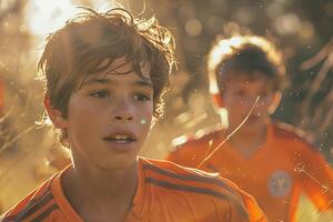 Two boys in an orange shirt are running through a field photo