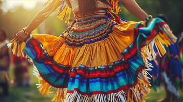 A woman in a colorful dress dancing in the grass photo