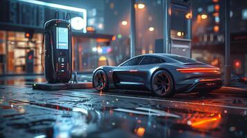 A futuristic car parked in the rain at night photo