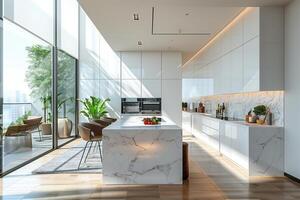 Modern kitchen with marble countertops and large windows photo