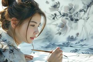 A woman is painting on a white background photo