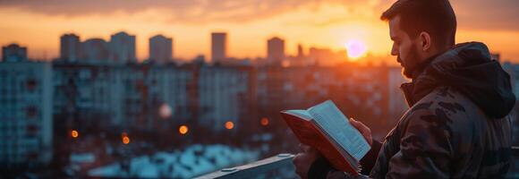 A man is reading a book at sunset photo