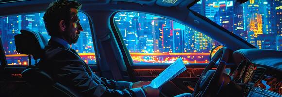 A man in a suit sitting in the driver's seat of a car with a cityscape in photo