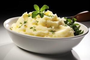 A bowl of mashed potatoes with herbs on top photo