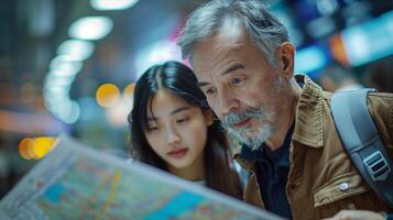 An older man and young woman looking at a map photo