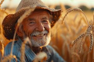 An older man in a straw hat smiles in a field of wheat photo