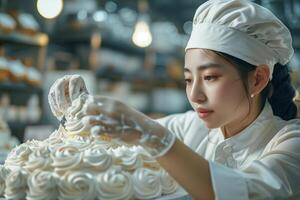 A woman in a chef hat is decorating a cake photo