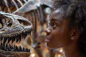 A young woman looking at a dinosaur skeleton photo